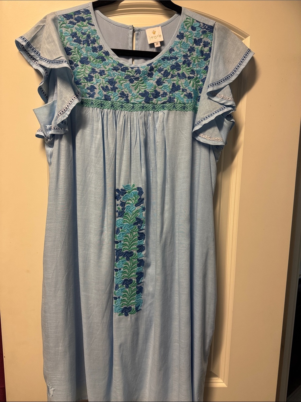 Light Blue Embroidered Ruffle-Sleeve Womens Dress